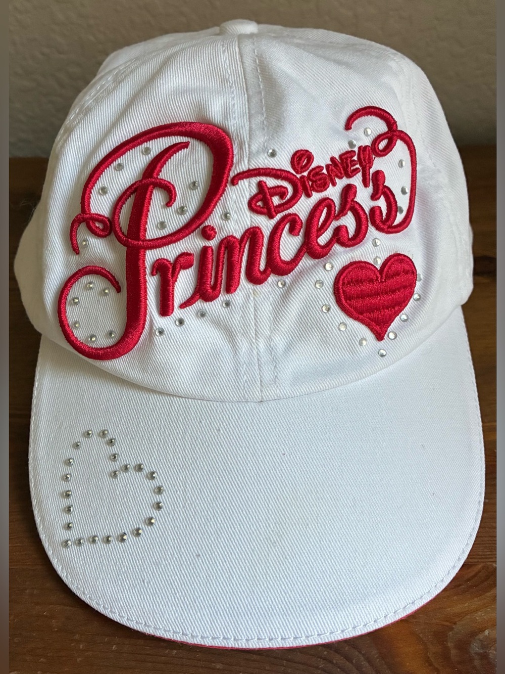 Disney Parks Princess Youth Baseball Cap White Pink Rhinestone Heart Hat 54-58cm